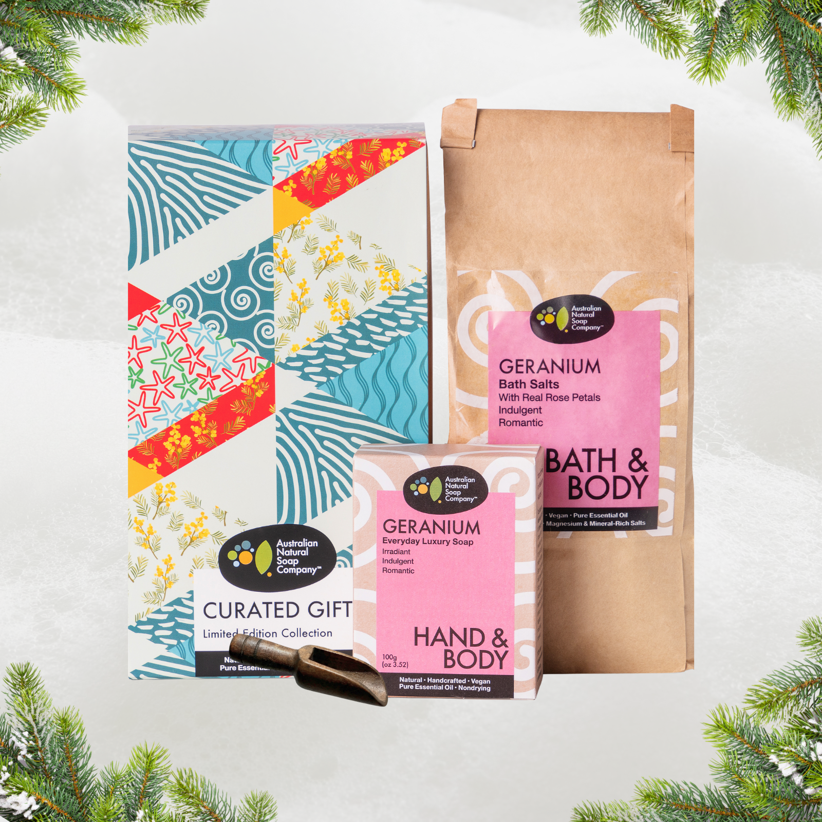 Limited Edition Christmas Gift Pack – Geranium Soap & Bath Salts, with Wooden Scoop