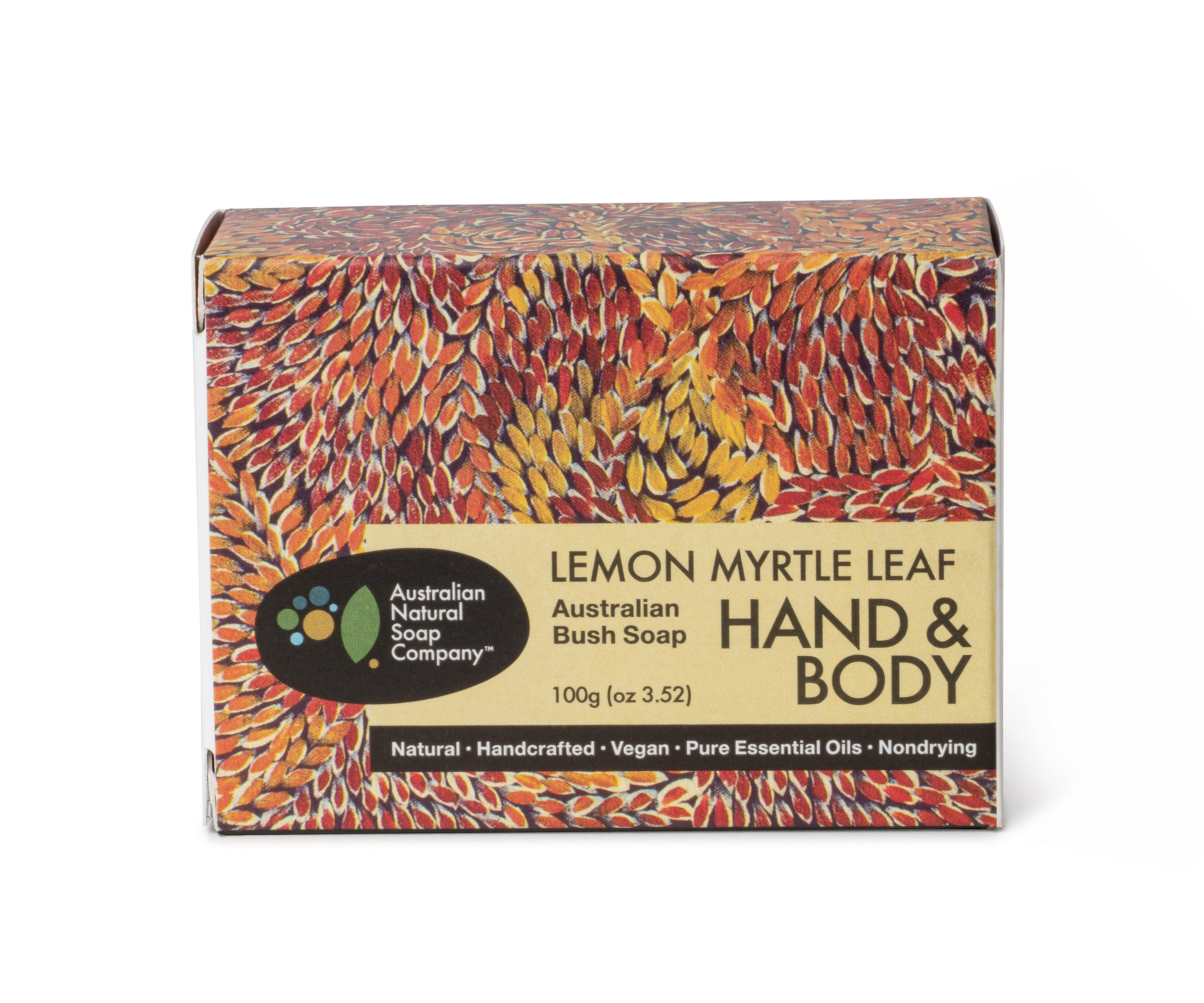 Image shows a soap box adorned with indigenous artwork and a yellow label stating the soap is Lemon Myrtle Leaf also shows the company logo